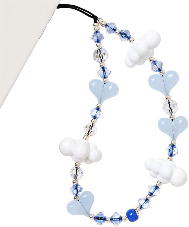 WCCH Beaded Phone Charm Y2K Kawaii Handmade Acrylic Phone Lanyard Wrist Strap for Camera Bag Airpods Keychain Charm Light Blue Heart with White Clouds - Image 1